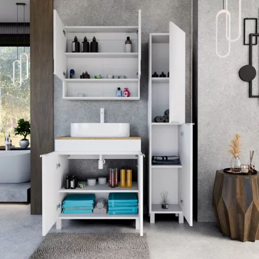 HD Paris Matt White 80 komplett fürdőszoba bútor szett álló mosdószekrénnyel, matt fehér elemekkel, tölgyfa színű mosdópulttal, tükrös szekrénnyel és magasszekrénnyel