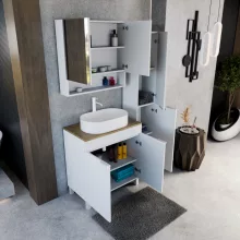 HD Paris Matt White 80 komplett fürdőszoba bútor szett álló mosdószekrénnyel, matt fehér elemekkel, tölgyfa színű mosdópulttal, tükrös szekrénnyel és magasszekrénnyel