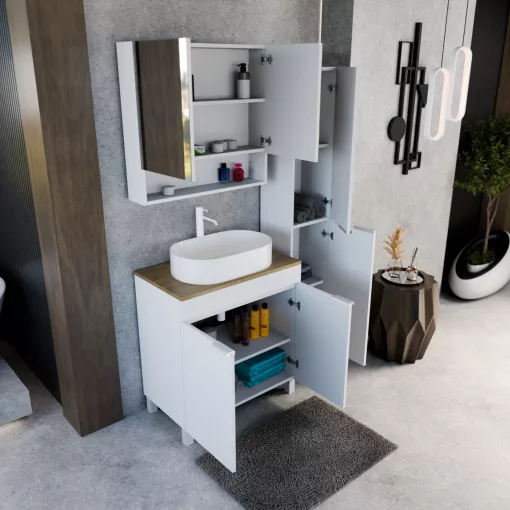 HD Paris Matt White 80 komplett fürdőszoba bútor szett álló mosdószekrénnyel, matt fehér elemekkel, tölgyfa színű mosdópulttal, tükrös szekrénnyel és magasszekrénnyel