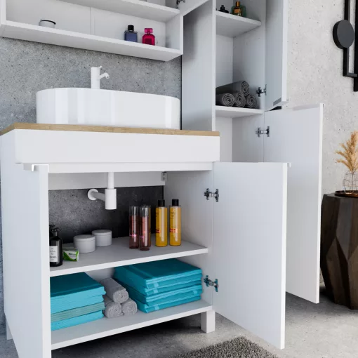 HD Paris Matt White 80 komplett fürdőszoba bútor szett álló mosdószekrénnyel, matt fehér elemekkel, tölgyfa színű mosdópulttal, tükrös szekrénnyel és magasszekrénnyel