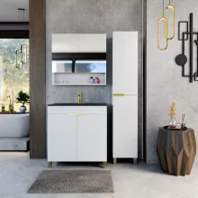 HD Paris Matt White 80 komplett fürdőszoba bútor szett álló mosdószekrénnyel, szálcsiszolt arany elemekkel, matt fekete slim mosdóval, tükrös szekrénnyel és magasszekrénnyel
