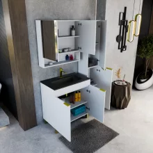 HD Paris Matt White 80 komplett fürdőszoba bútor szett álló mosdószekrénnyel, szálcsiszolt arany elemekkel, matt fekete slim mosdóval, tükrös szekrénnyel és magasszekrénnyel