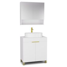 HD Paris Matt White 80 komplett fürdőszoba bútor álló mosdószekrénnyel, szálcsiszolt arany elemekkel, matt fehér mosdópulttal és tükrös szekrénnyel