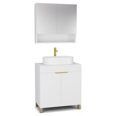   HD Paris Matt White 80 komplett fürdőszoba bútor álló mosdószekrénnyel, szálcsiszolt arany elemekkel, matt fehér mosdópulttal és tükrös szekrénnyel