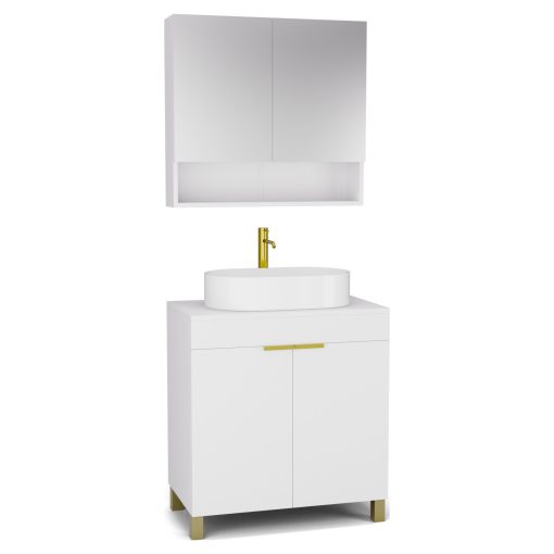 HD Paris Matt White 80 komplett fürdőszoba bútor álló mosdószekrénnyel, szálcsiszolt arany elemekkel, matt fehér mosdópulttal és tükrös szekrénnyel