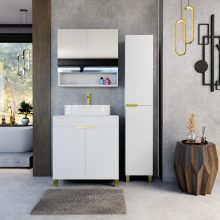 HD Paris Matt White 80 komplett fürdőszoba bútor álló mosdószekrénnyel, szálcsiszolt arany elemekkel, matt fehér mosdópulttal és tükrös szekrénnyel