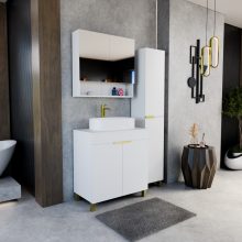 HD Paris Matt White 80 komplett fürdőszoba bútor álló mosdószekrénnyel, szálcsiszolt arany elemekkel, matt fehér mosdópulttal és tükrös szekrénnyel