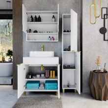 HD Paris Matt White 80 komplett fürdőszoba bútor álló mosdószekrénnyel, szálcsiszolt arany elemekkel, matt fehér mosdópulttal és tükrös szekrénnyel