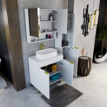 HD Paris Matt White 80 komplett fürdőszoba bútor álló mosdószekrénnyel, szálcsiszolt arany elemekkel, matt fehér mosdópulttal és tükrös szekrénnyel