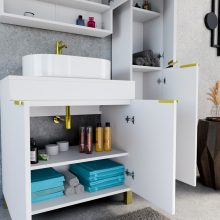 HD Paris Matt White 80 komplett fürdőszoba bútor álló mosdószekrénnyel, szálcsiszolt arany elemekkel, matt fehér mosdópulttal és tükrös szekrénnyel