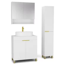 HD Paris Matt White 80 komplett fürdőszoba bútor szett álló mosdószekrénnyel, szálcsiszolt arany elemekkel, matt fehér mosdópulttal, tükrös szekrénnyel és magasszekrénnyel