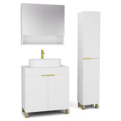   HD Paris Matt White 80 komplett fürdőszoba bútor szett álló mosdószekrénnyel, szálcsiszolt arany elemekkel, matt fehér mosdópulttal, tükrös szekrénnyel és magasszekrénnyel