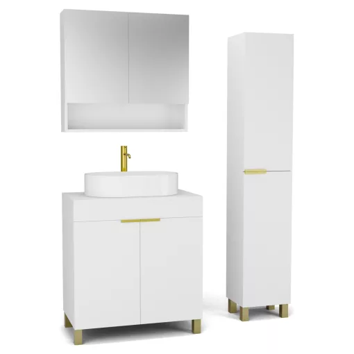 HD Paris Matt White 80 komplett fürdőszoba bútor szett álló mosdószekrénnyel, szálcsiszolt arany elemekkel, matt fehér mosdópulttal, tükrös szekrénnyel és magasszekrénnyel