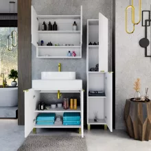 HD Paris Matt White 80 komplett fürdőszoba bútor szett álló mosdószekrénnyel, szálcsiszolt arany elemekkel, matt fehér mosdópulttal, tükrös szekrénnyel és magasszekrénnyel