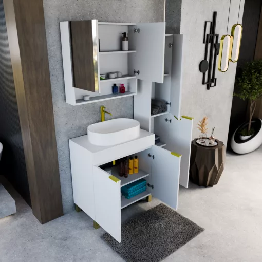 HD Paris Matt White 80 komplett fürdőszoba bútor szett álló mosdószekrénnyel, szálcsiszolt arany elemekkel, matt fehér mosdópulttal, tükrös szekrénnyel és magasszekrénnyel