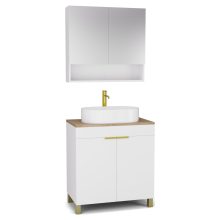 HD Paris Matt White 80 komplett fürdőszoba bútor álló mosdószekrénnyel, szálcsiszolt arany elemekkel, tölgyfa színű mosdópulttal és tükrös szekrénnyel