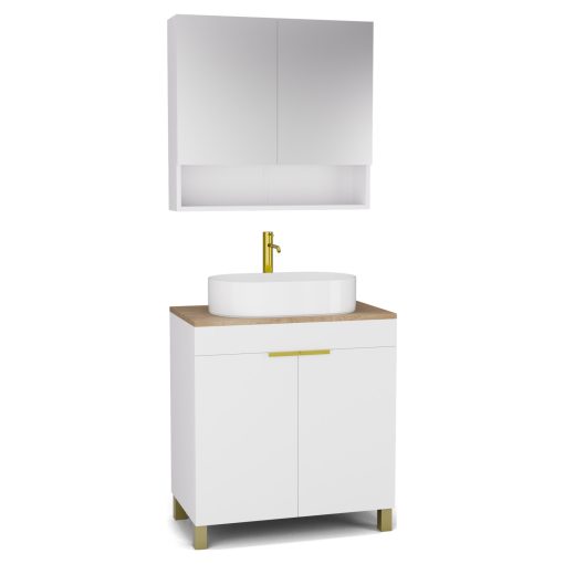 HD Paris Matt White 80 komplett fürdőszoba bútor álló mosdószekrénnyel, szálcsiszolt arany elemekkel, tölgyfa színű mosdópulttal és tükrös szekrénnyel