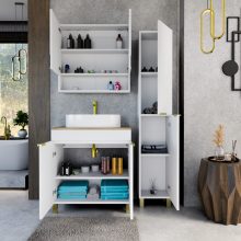 HD Paris Matt White 80 komplett fürdőszoba bútor álló mosdószekrénnyel, szálcsiszolt arany elemekkel, tölgyfa színű mosdópulttal és tükrös szekrénnyel