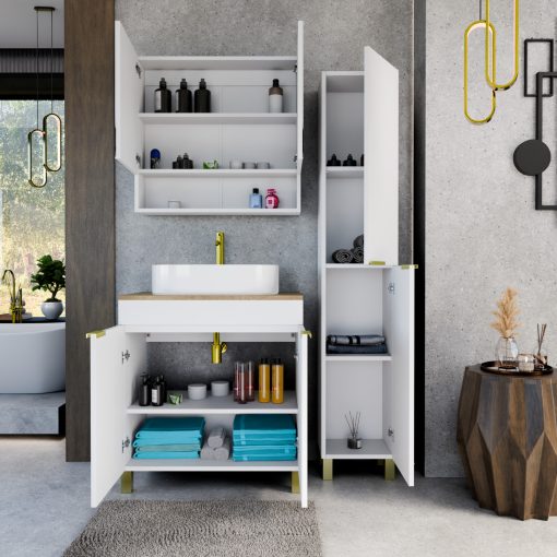 HD Paris Matt White 80 komplett fürdőszoba bútor álló mosdószekrénnyel, szálcsiszolt arany elemekkel, tölgyfa színű mosdópulttal és tükrös szekrénnyel