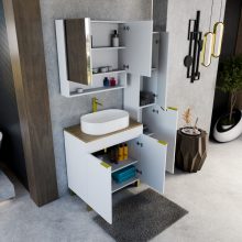 HD Paris Matt White 80 komplett fürdőszoba bútor álló mosdószekrénnyel, szálcsiszolt arany elemekkel, tölgyfa színű mosdópulttal és tükrös szekrénnyel