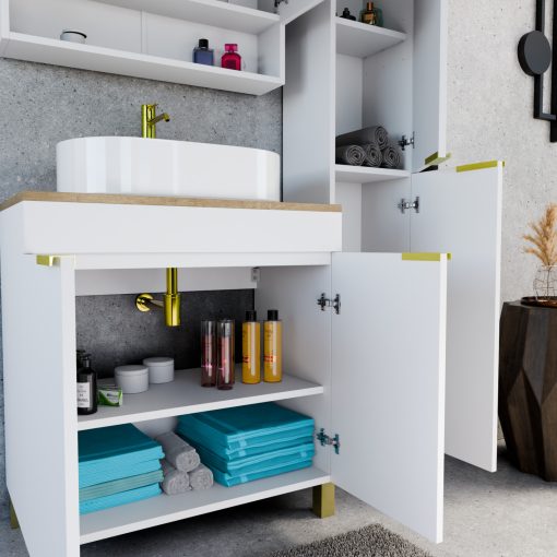 HD Paris Matt White 80 komplett fürdőszoba bútor álló mosdószekrénnyel, szálcsiszolt arany elemekkel, tölgyfa színű mosdópulttal és tükrös szekrénnyel