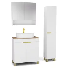 HD Paris Matt White 80 komplett fürdőszoba bútor szett álló mosdószekrénnyel, szálcsiszolt arany elemekkel, tölgyfa színű mosdópulttal, tükrös szekrénnyel és magasszekrénnyel