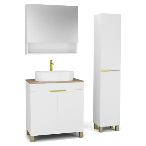 HD Paris Matt White 80 komplett fürdőszoba bútor szett álló mosdószekrénnyel, szálcsiszolt arany elemekkel, tölgyfa színű mosdópulttal, tükrös szekrénnyel és magasszekrénnyel