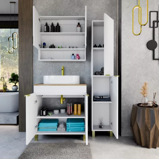 HD Paris Matt White 80 komplett fürdőszoba bútor szett álló mosdószekrénnyel, szálcsiszolt arany elemekkel, tölgyfa színű mosdópulttal, tükrös szekrénnyel és magasszekrénnyel