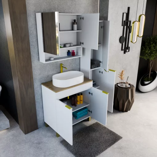 HD Paris Matt White 80 komplett fürdőszoba bútor szett álló mosdószekrénnyel, szálcsiszolt arany elemekkel, tölgyfa színű mosdópulttal, tükrös szekrénnyel és magasszekrénnyel