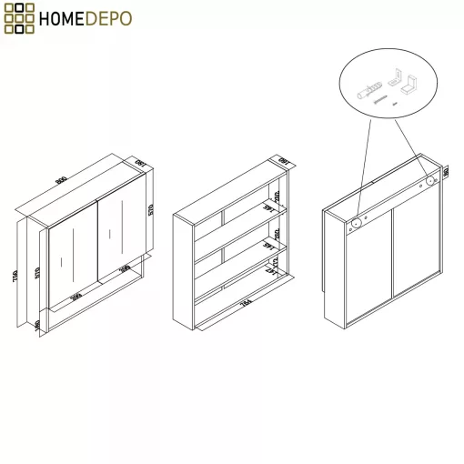 HD Paris Matt White 80 komplett fürdőszoba bútor szett álló mosdószekrénnyel, szálcsiszolt arany elemekkel, tölgyfa színű mosdópulttal, tükrös szekrénnyel és magasszekrénnyel