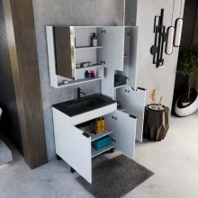 HD Paris Matt White 80 komplett fürdőszoba bútor szett álló mosdószekrénnyel, matt fekete elemekkel, matt fekete slim mosdóval, tükrös szekrénnyel és magasszekrénnyel