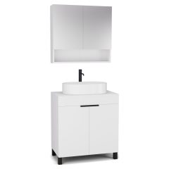   HD Paris Matt White 80 komplett fürdőszoba bútor álló mosdószekrénnyel, matt fekete elemekkel, matt fehér mosdópulttal és tükrös szekrénnyel