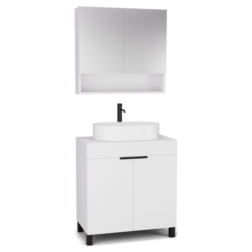 HD Paris Matt White 80 komplett fürdőszoba bútor álló mosdószekrénnyel, matt fekete elemekkel, matt fehér mosdópulttal és tükrös szekrénnyel