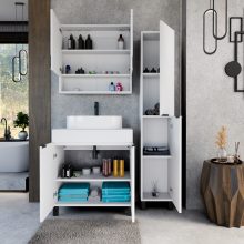 HD Paris Matt White 80 komplett fürdőszoba bútor álló mosdószekrénnyel, matt fekete elemekkel, matt fehér mosdópulttal és tükrös szekrénnyel