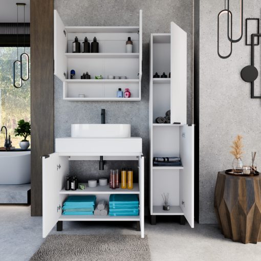 HD Paris Matt White 80 komplett fürdőszoba bútor álló mosdószekrénnyel, matt fekete elemekkel, matt fehér mosdópulttal és tükrös szekrénnyel