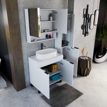 HD Paris Matt White 80 komplett fürdőszoba bútor álló mosdószekrénnyel, matt fekete elemekkel, matt fehér mosdópulttal és tükrös szekrénnyel