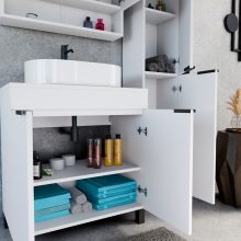 HD Paris Matt White 80 komplett fürdőszoba bútor álló mosdószekrénnyel, matt fekete elemekkel, matt fehér mosdópulttal és tükrös szekrénnyel