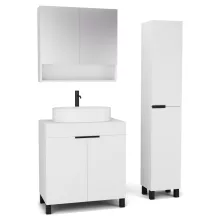 HD Paris Matt White 80 komplett fürdőszoba bútor szett álló mosdószekrénnyel, matt fekete elemekkel, matt fehér mosdópulttal, tükrös szekrénnyel és magasszekrénnyel