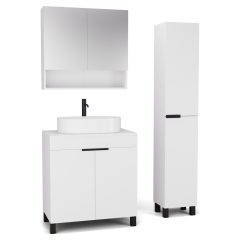   HD Paris Matt White 80 komplett fürdőszoba bútor szett álló mosdószekrénnyel, matt fekete elemekkel, matt fehér mosdópulttal, tükrös szekrénnyel és magasszekrénnyel