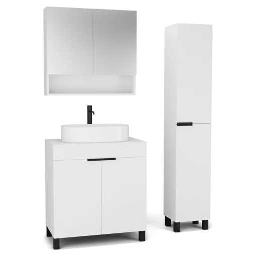 HD Paris Matt White 80 komplett fürdőszoba bútor szett álló mosdószekrénnyel, matt fekete elemekkel, matt fehér mosdópulttal, tükrös szekrénnyel és magasszekrénnyel