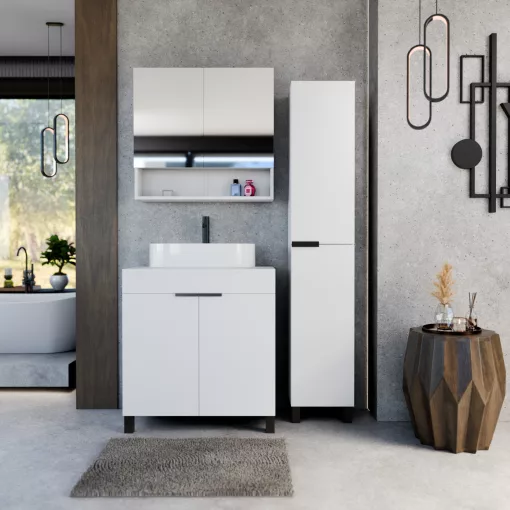 HD Paris Matt White 80 komplett fürdőszoba bútor szett álló mosdószekrénnyel, matt fekete elemekkel, matt fehér mosdópulttal, tükrös szekrénnyel és magasszekrénnyel