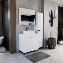 HD Paris Matt White 80 komplett fürdőszoba bútor szett álló mosdószekrénnyel, matt fekete elemekkel, matt fehér mosdópulttal, tükrös szekrénnyel és magasszekrénnyel