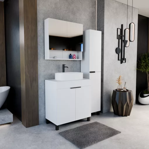 HD Paris Matt White 80 komplett fürdőszoba bútor szett álló mosdószekrénnyel, matt fekete elemekkel, matt fehér mosdópulttal, tükrös szekrénnyel és magasszekrénnyel