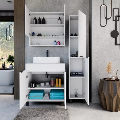 HD Paris Matt White 80 komplett fürdőszoba bútor szett álló mosdószekrénnyel, matt fekete elemekkel, matt fehér mosdópulttal, tükrös szekrénnyel és magasszekrénnyel