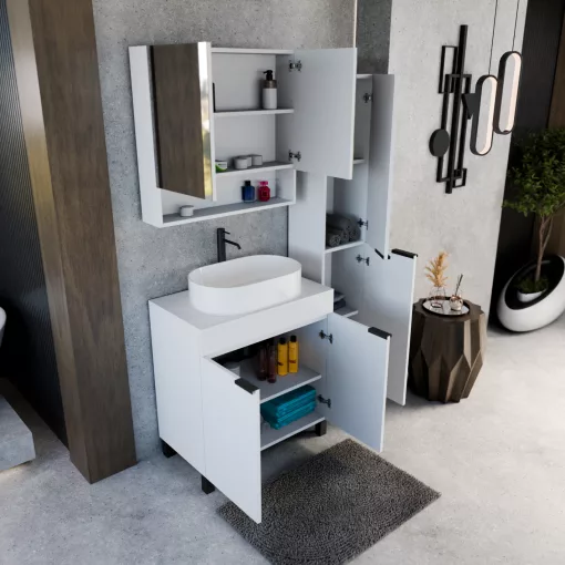 HD Paris Matt White 80 komplett fürdőszoba bútor szett álló mosdószekrénnyel, matt fekete elemekkel, matt fehér mosdópulttal, tükrös szekrénnyel és magasszekrénnyel