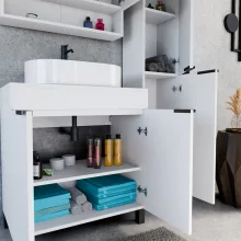 HD Paris Matt White 80 komplett fürdőszoba bútor szett álló mosdószekrénnyel, matt fekete elemekkel, matt fehér mosdópulttal, tükrös szekrénnyel és magasszekrénnyel