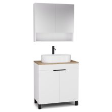 HD Paris Matt White 80 komplett fürdőszoba bútor álló mosdószekrénnyel, matt fekete elemekkel, tölgyfa színű mosdópulttal és tükrös szekrénnyel