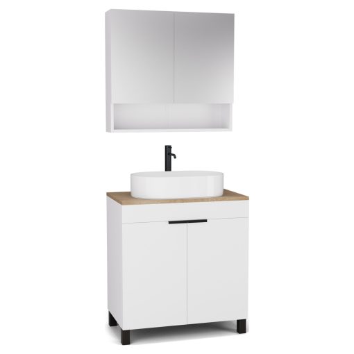 HD Paris Matt White 80 komplett fürdőszoba bútor álló mosdószekrénnyel, matt fekete elemekkel, tölgyfa színű mosdópulttal és tükrös szekrénnyel