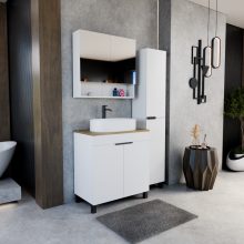 HD Paris Matt White 80 komplett fürdőszoba bútor álló mosdószekrénnyel, matt fekete elemekkel, tölgyfa színű mosdópulttal és tükrös szekrénnyel