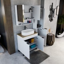 HD Paris Matt White 80 komplett fürdőszoba bútor álló mosdószekrénnyel, matt fekete elemekkel, tölgyfa színű mosdópulttal és tükrös szekrénnyel